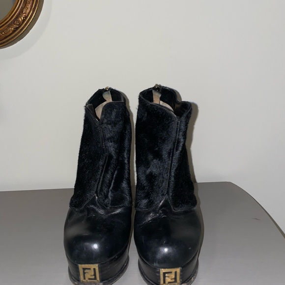 FENDI leather ankle boots with fur and gold toe accent. - Picture 10 of 10
